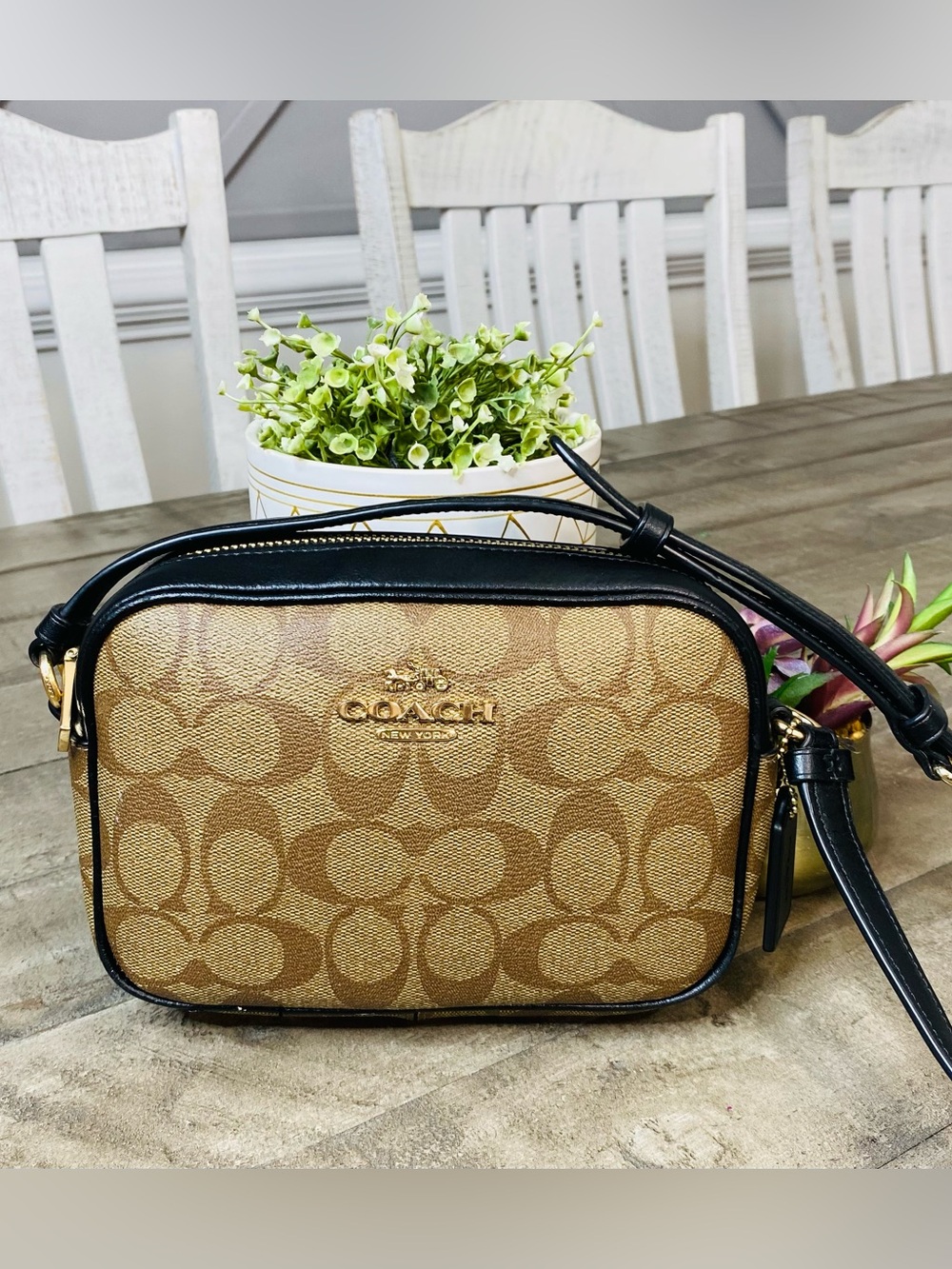 Coach Mini Jamie Camera Bag in Signature Canvas Khaki Black Crossbody Purse